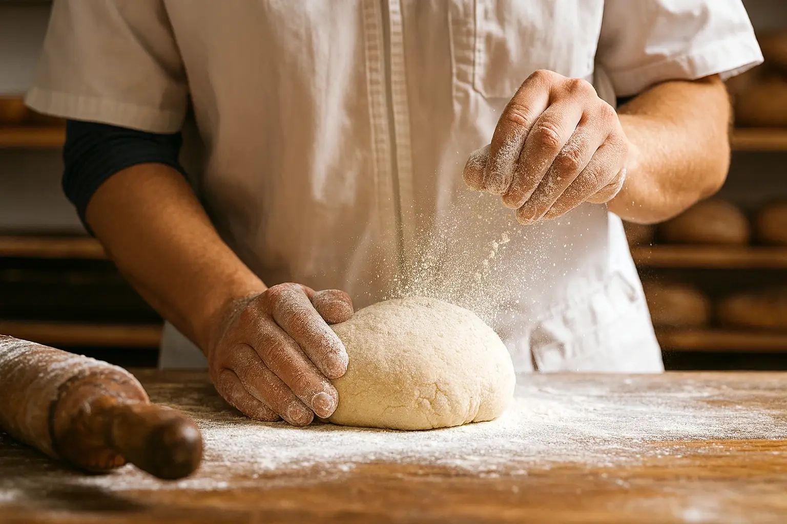 Baker kneading fresh dough at Strawberry Bakery Café in Dover, Florida.